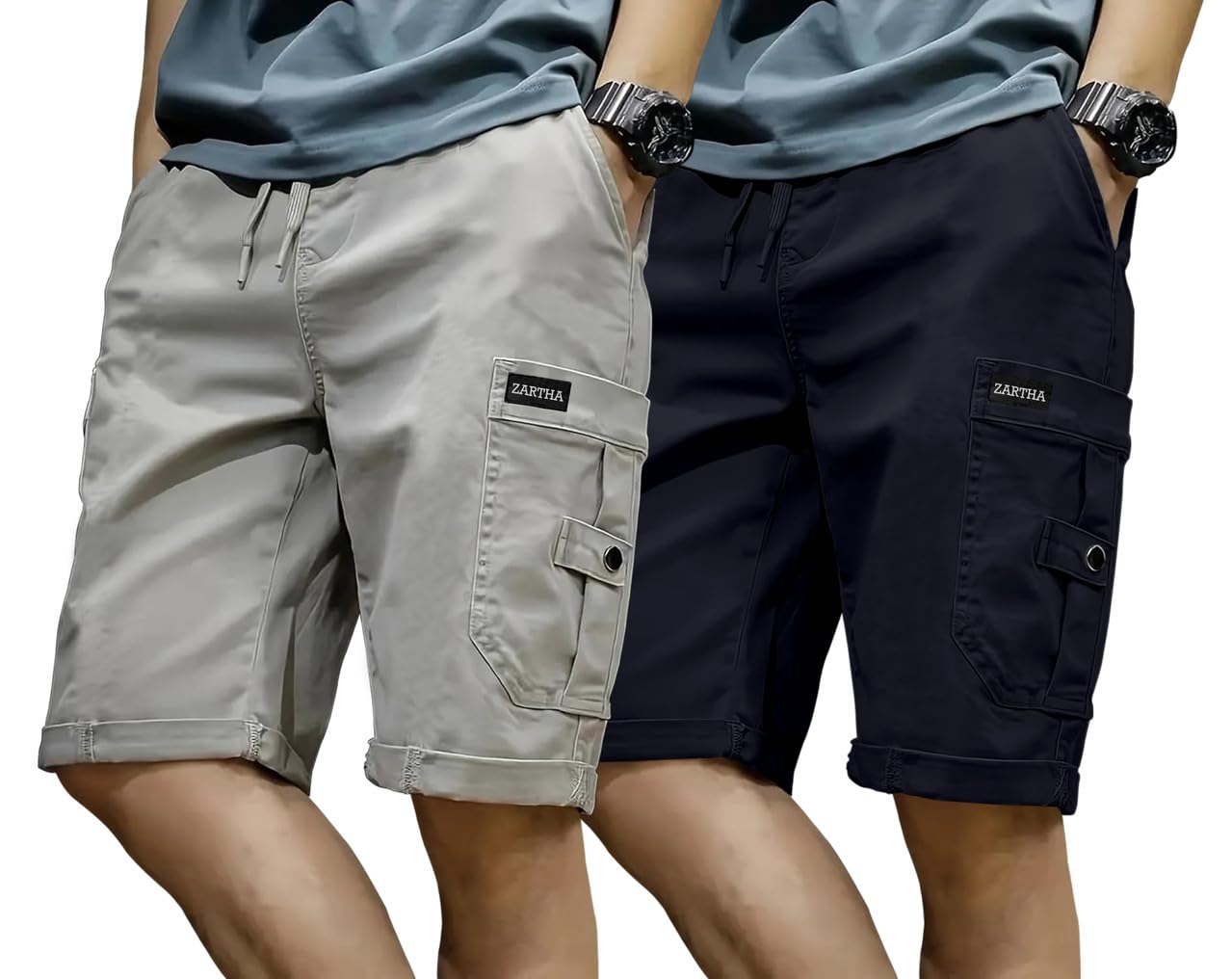 madhavista Combo of 100% Pure Cotton Cargo Shorts for Men || Soft Breathable Fabric || Multi-Pocket Utility Design || Adjustable Drawstring Waist || Comfortable Regular Fit Casual Shorts (Pack of 2)-picture-36