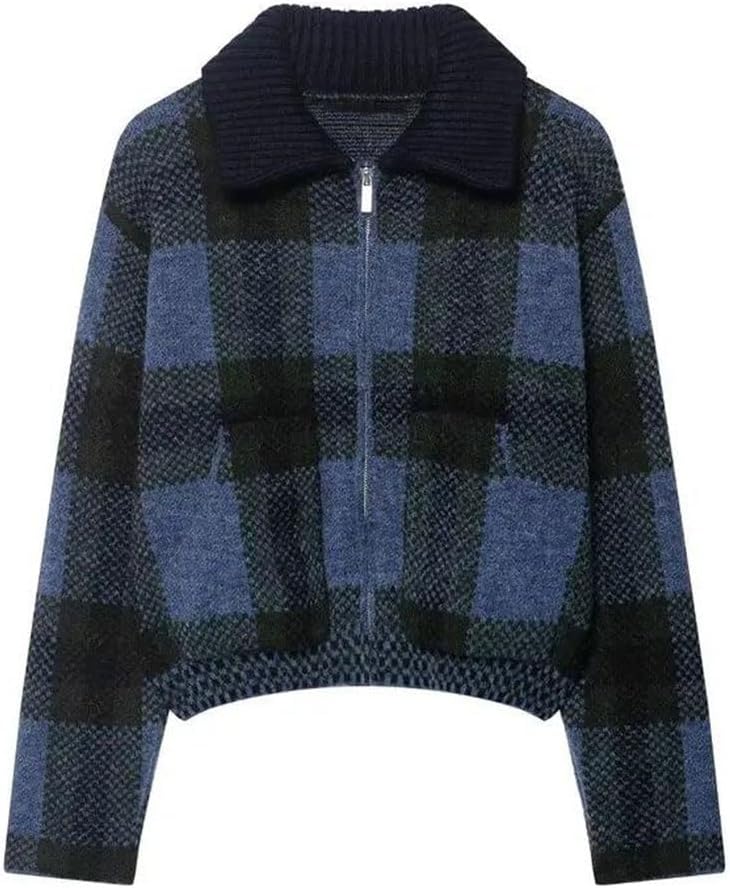 Women's Versatile Knit Outerwear Plaid Design Long Zipper for Commute Coat Style
