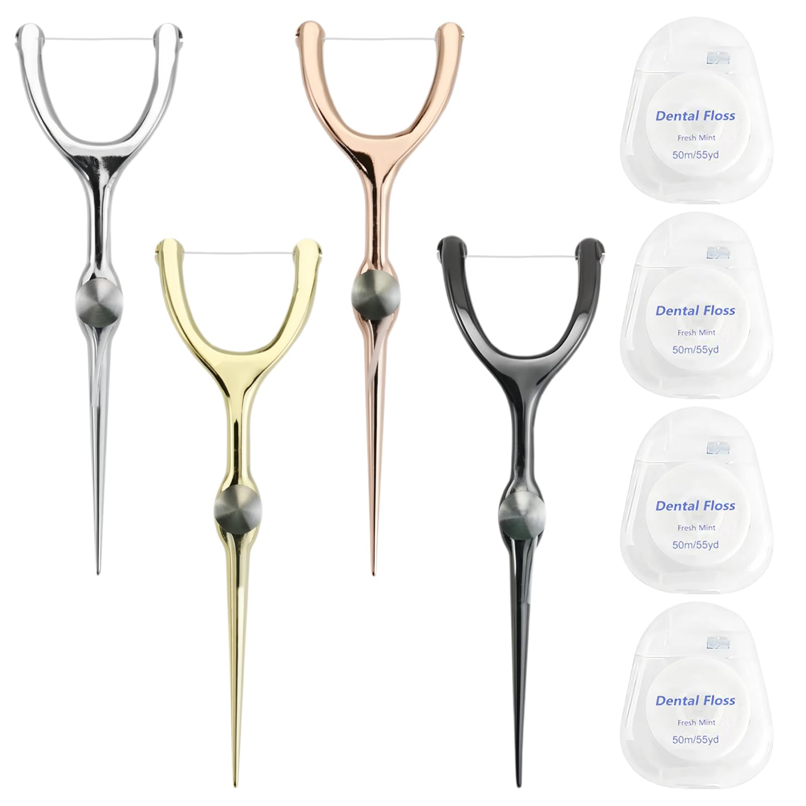 4 supporti per filo interdentale riutilizzabili con filo interdentale, in metallo, in argento, oro, nero e oro rosa, bastoncini riutilizzabili per la cura orale e i viaggi