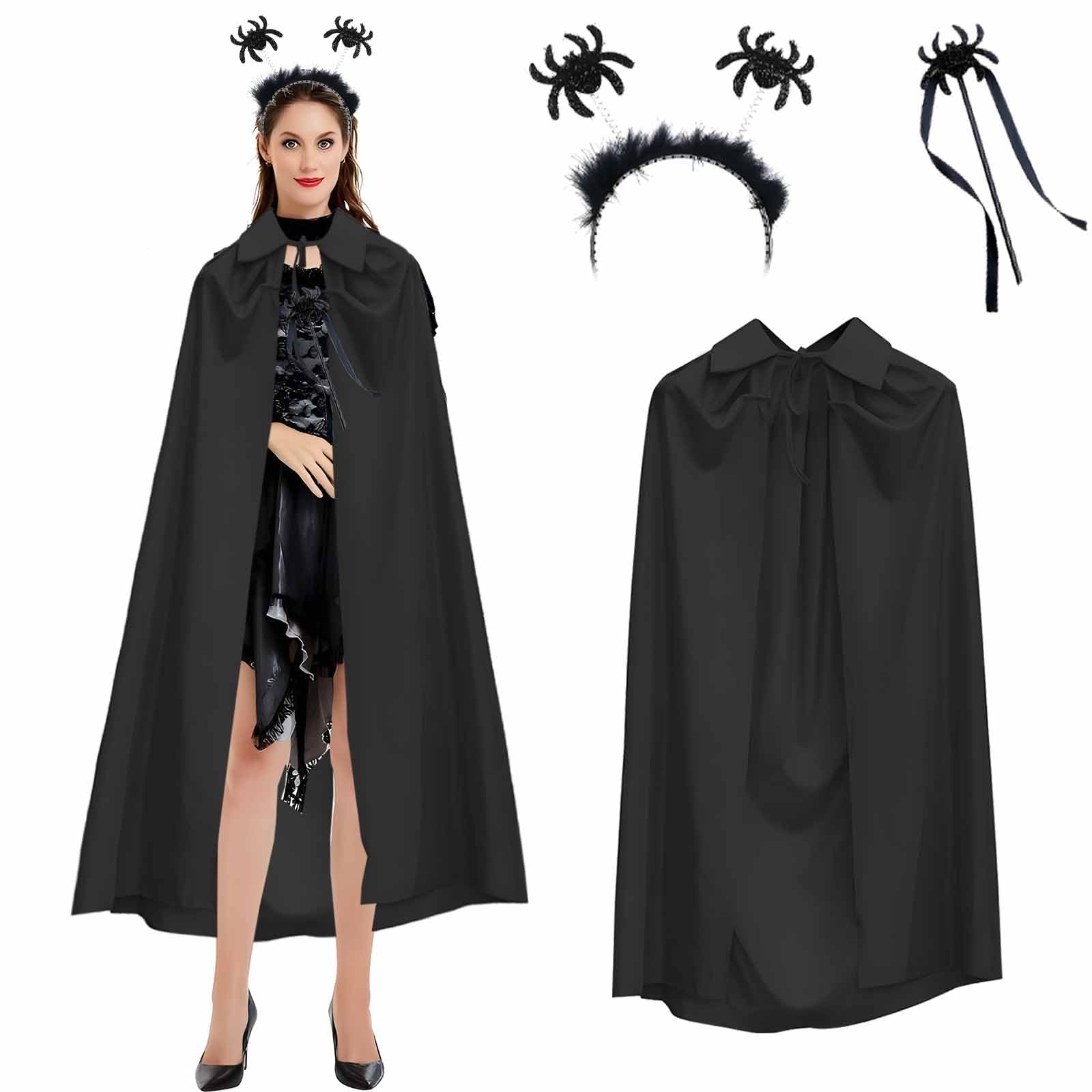 Apradas Black Cape Dress up Men Women Stand Up Collar Black Cape without Hood 90cm Spider Headband Child Adult and Spider Magic Wand Halloween Fancy Dress Costumes for Halloween Party (120cm)