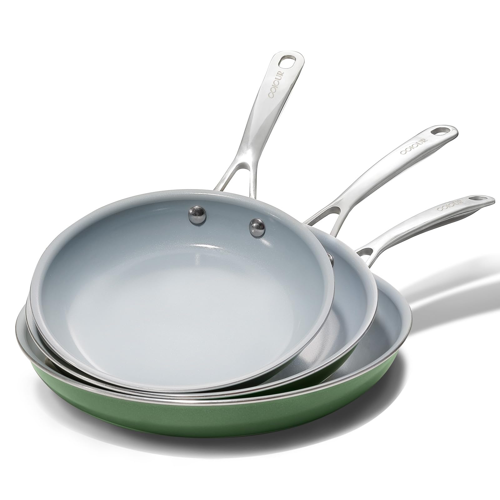Coicur - 8 inch, 9.5 inch, 11 inch Nonstick Ceramic Frying Pans, Ceramic Frying Pan Set with Stainless Steel Handle, Healthy Cooking Omelette Pans, PFOA Free