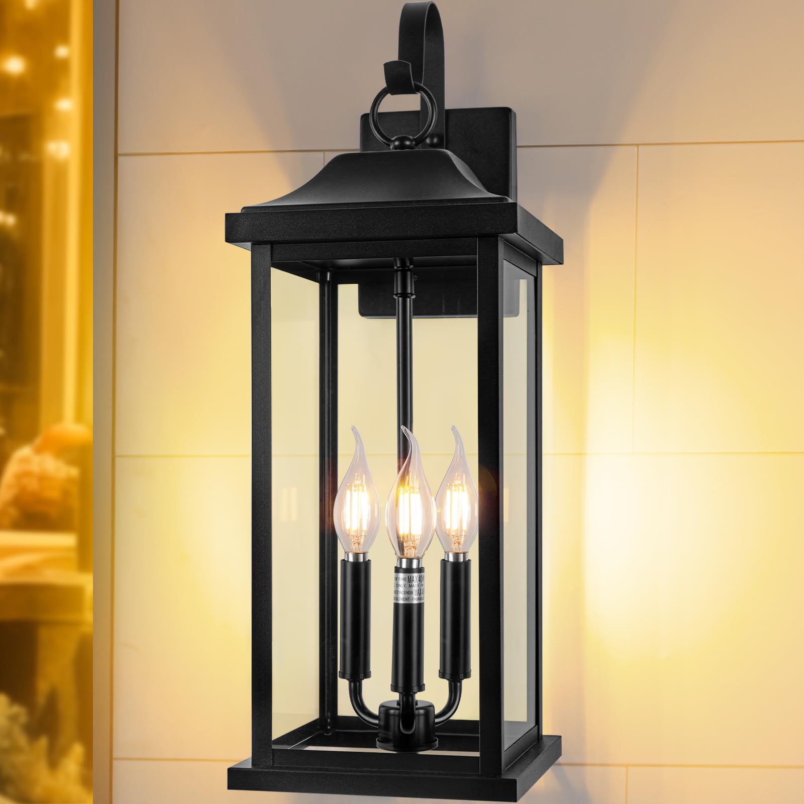 2-pack 23" extra large outdoor wall lights candelabra 3-light, ip65 waterproof exterior lights with clear glass front porch lanterns outdoor wall sconce lighting outside coach lights, e12