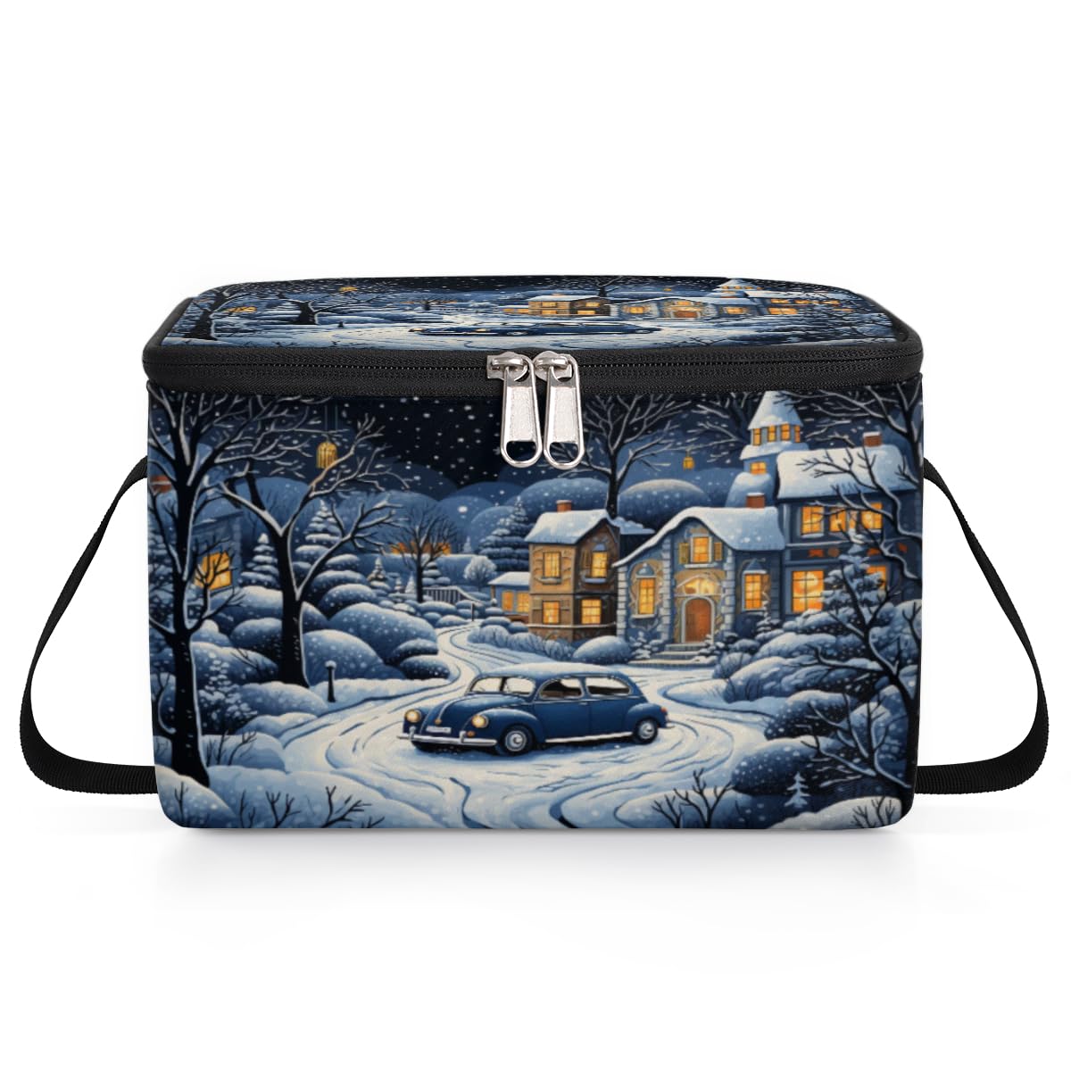 Winter Farmhouse Blue Car Lunch Bags for Women Men 9 Cans, Hot & Cold Food Delivery Bag Insulated Grocery Bag Insulated Lunch Box Cooler Bag for Office Work Picnic Beach