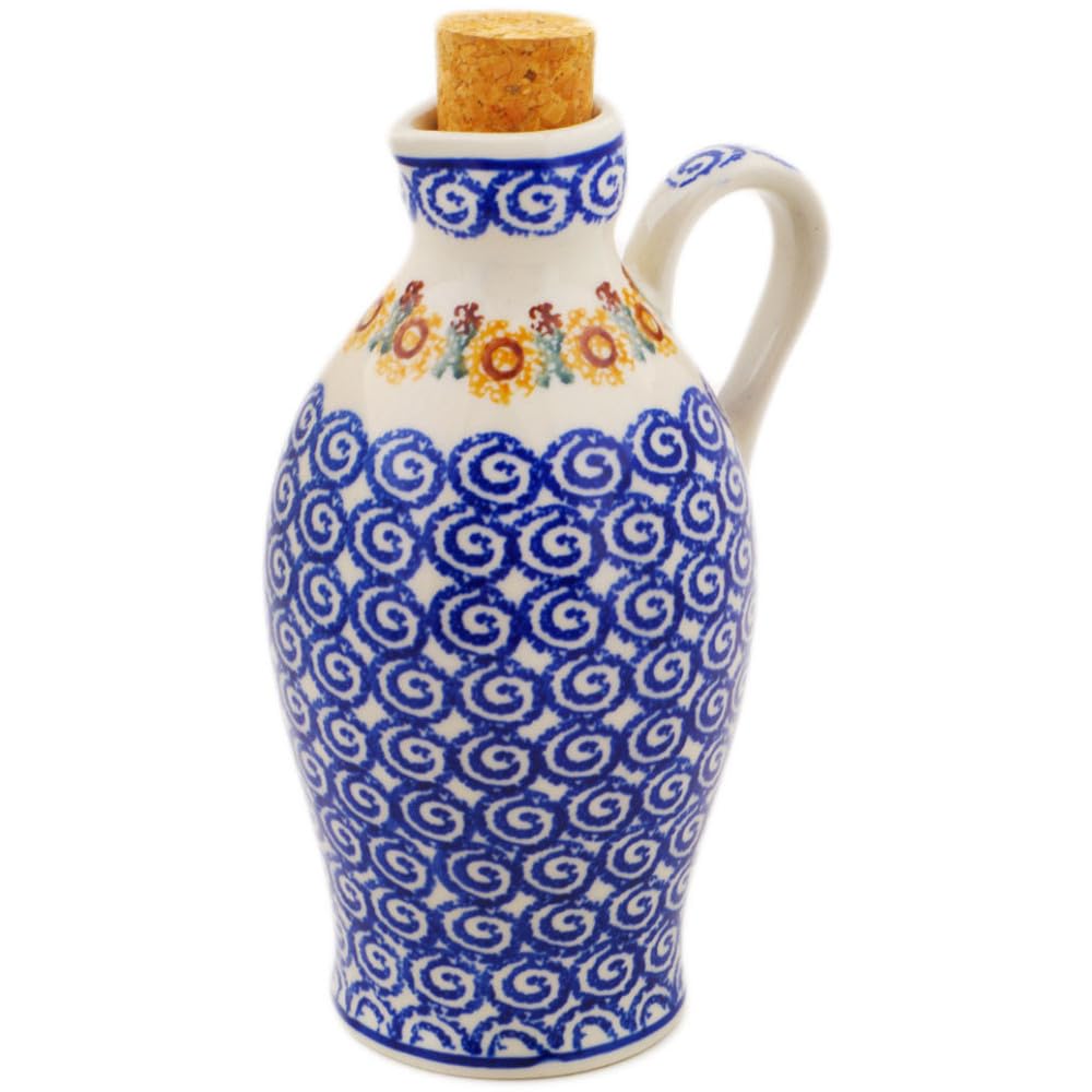 Polmedia Polish Pottery Bottle - Rustic Sunflower Chain Pattern Handmade in Boleslawiec Poland by Ceramika Artystyczna + Certificate of Authenticity