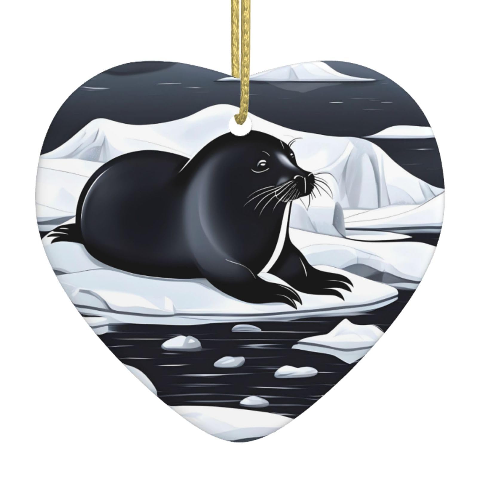 Seals on ice Ceramic Christmas Heart Pendant with Silk Thread, Christmas Tree Home Decoration