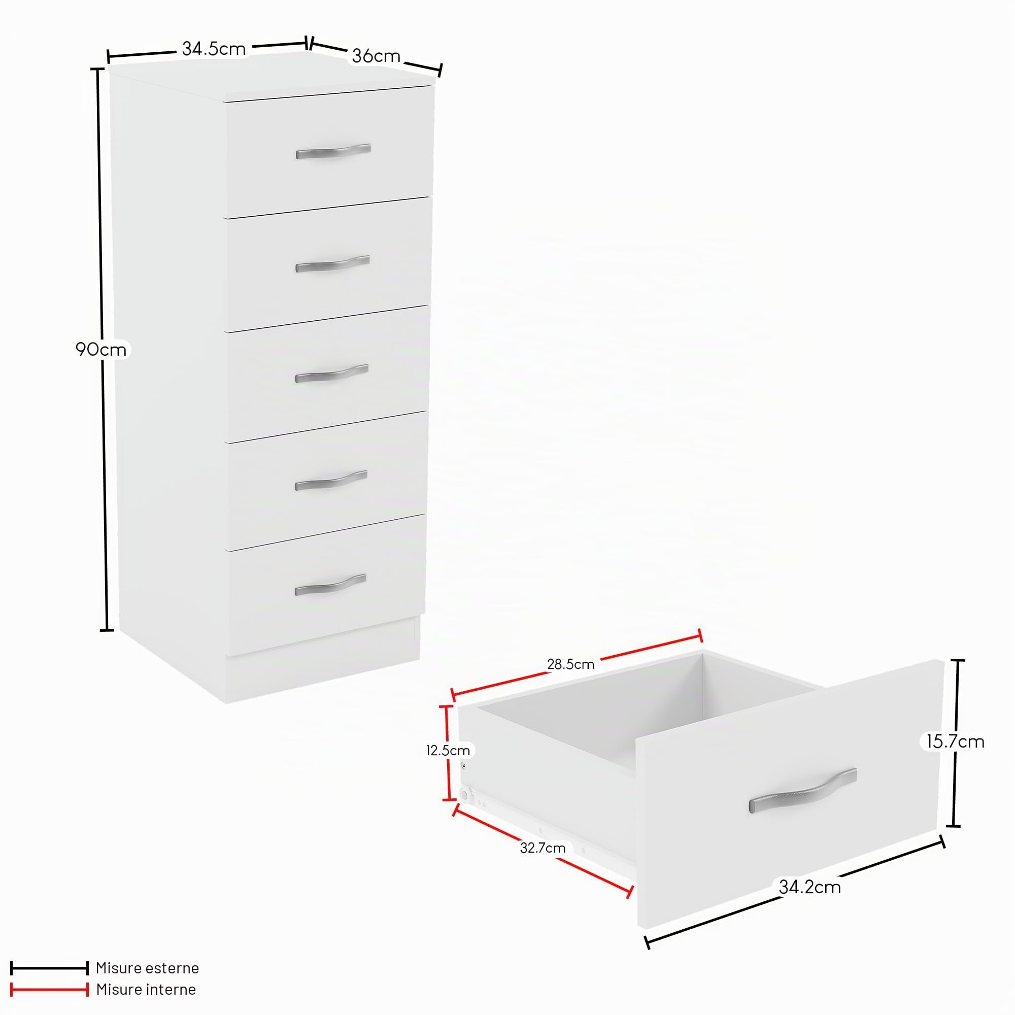 Vida Designs Petto Cassettiera Stretta, Legno ingegnerizzato, Bianco, 36D x 34.5W x 90H centimetres