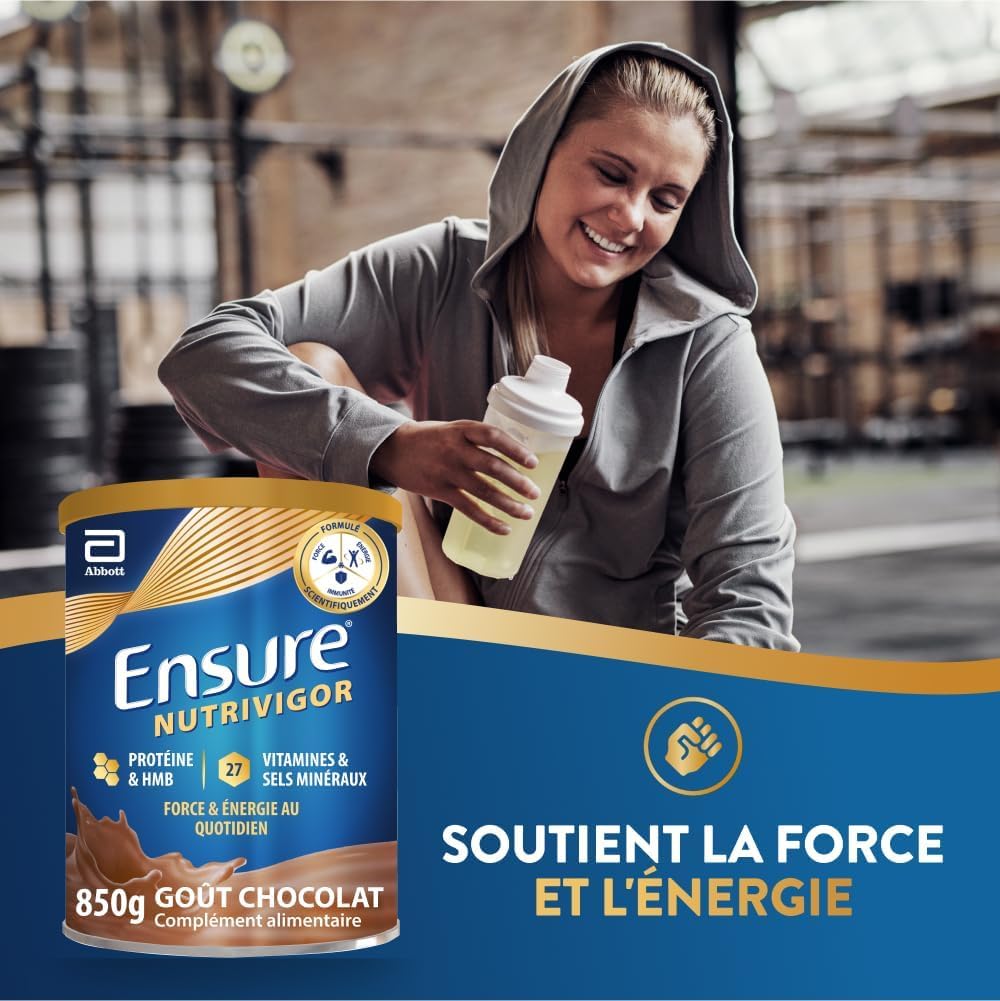 Ensure NutriVigor Chocolat & Fraise 850g - Complément alimentaire avec protéines, 27 vitamines et minéraux et HMB - Pour une alimentation saine et équilibrée - 1x Chocolat 850g + 1x Fraise 850g