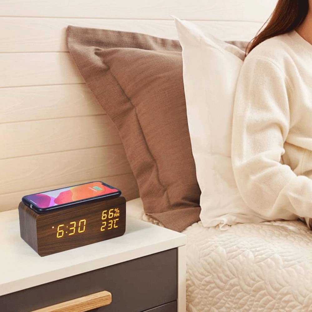 Horloge à Alarme LED En Bois, Horloge électronique Intelligente De Bureau Controle Vocal Fonction Snooze 99292033