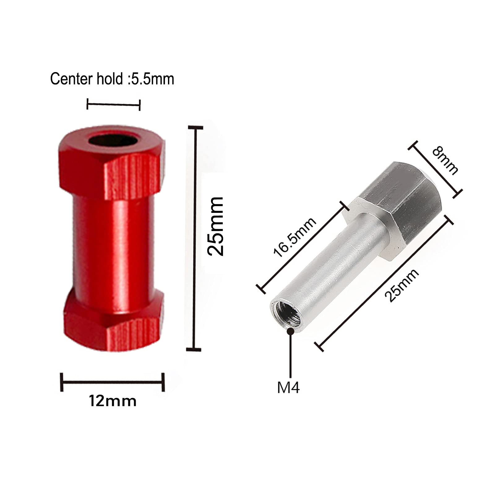 4Pcs RC Wheel Spacers 12mm Wheel Hex Hub 25mm Extension Adapter for 1/10 RC Crawler Axial Scx10 90046 D90 Redcat RC Hex Drive Adapter Combiner Coupler (Red,25mm)
