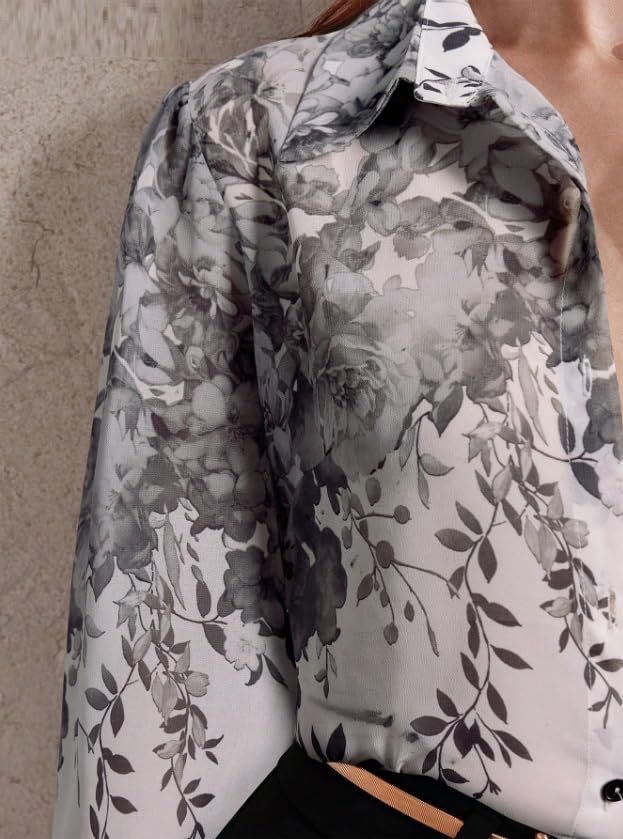 Image of Women Shirt || Women Top ||Autumn Leaves Print Polo Collar Shirt, Casual Long Sleeve (S-22-25)