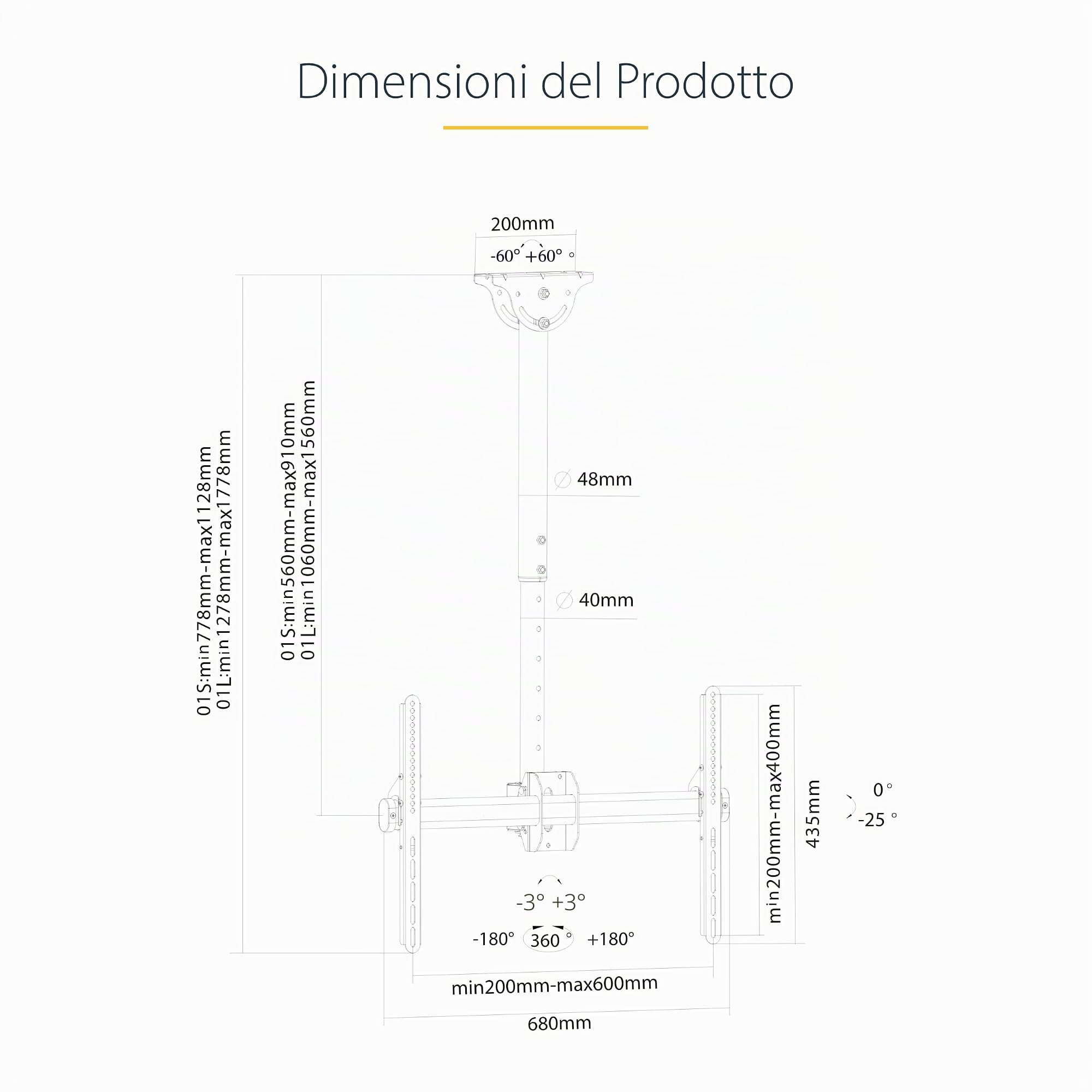 StarTech Supporto TV da Soffitto da 32" a 75" VESA (FLATPNLCEIL) | Asta Telescopica Regolabile, Schermo Singolo, Inclinabile e Girevole