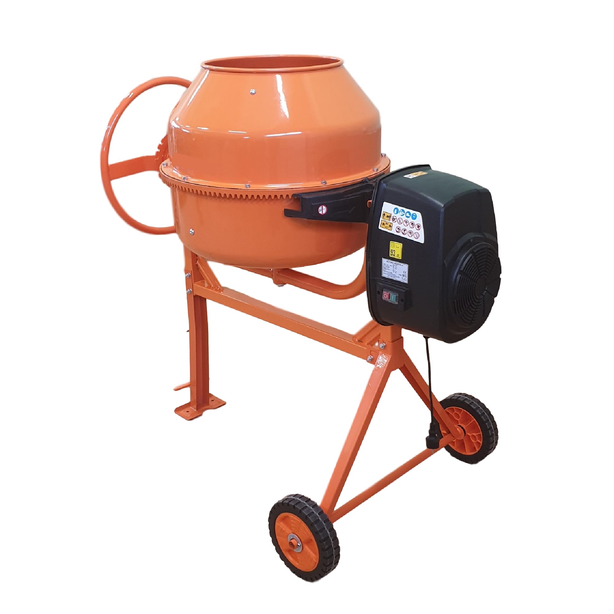 Betonmischer BAU160, 160L Trommel, 850W Motor, Orange, Stahlrahmen mit Metall-Zahnkranz, Kunststoffräder, Kipp-Handrad