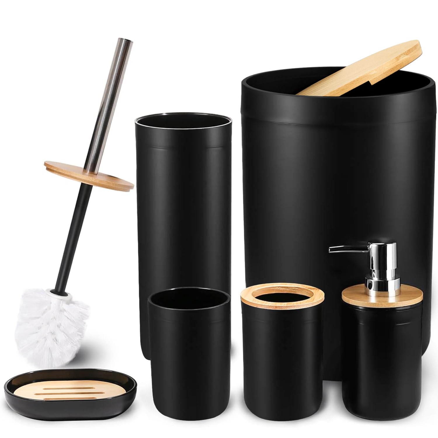 CERBIOR Bamboo Bathroom Accessory Set, 6 Pieces Bath Set- Soap Dish Toothbrush Holder Rinse Cup Lotion Bottle Trash Can Toilet Brush - Practical Toilet Kit for Home Washing Room，Black
