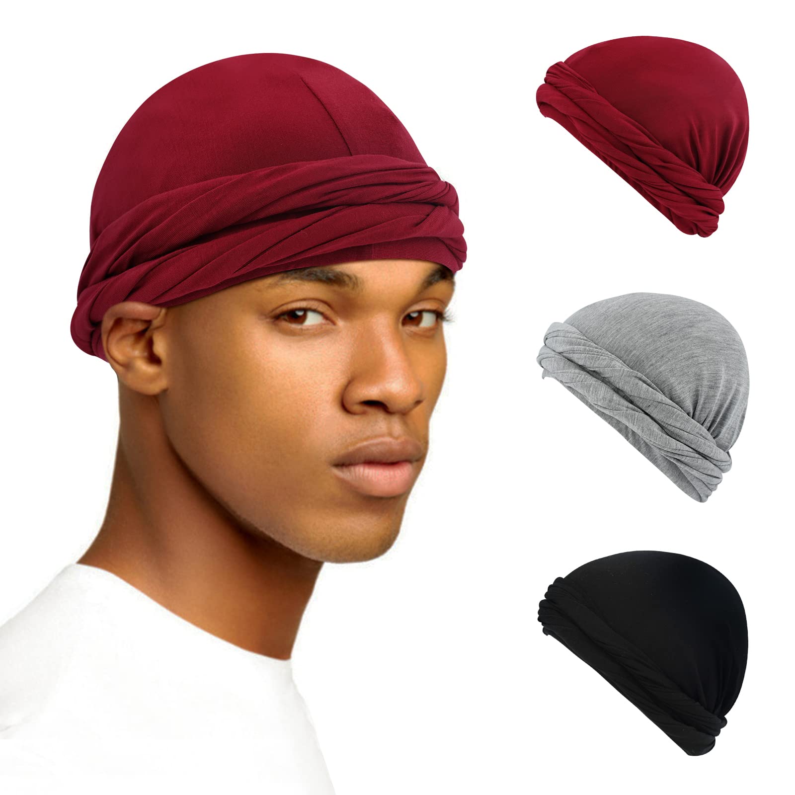 YOYOUTurban for Men Twist Head Wraps Turban Durag for Men Vintage Turbans Scarf Tie for Hair 3Pcs Black Red Grey