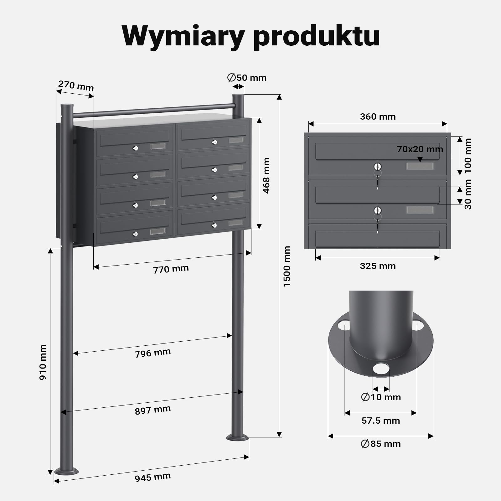 Wiltec Wolnostojąca skrzynka na listy antracytowa z 2 x 4 skrzynkami pocztowymi z zamkiem, do montażu podłogowego, idealna do budynków wielorodzinnych