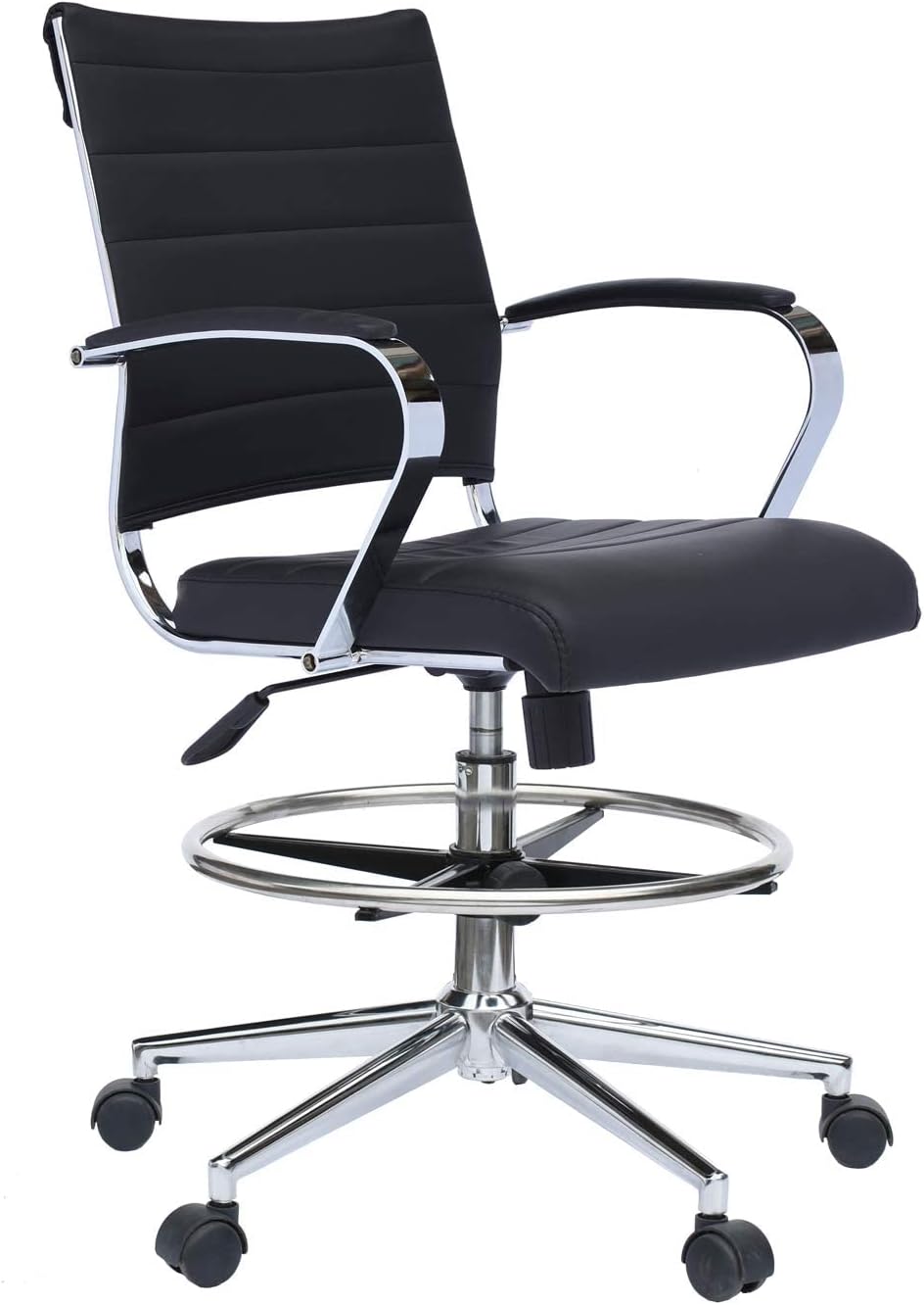 2xhome Modern Adjustable Ergonomic Office Drafting Chair PU Leather Cushion Seat with Arms Foot Rest Ribbed Computer Desk Chair Black, Single, Set of 1