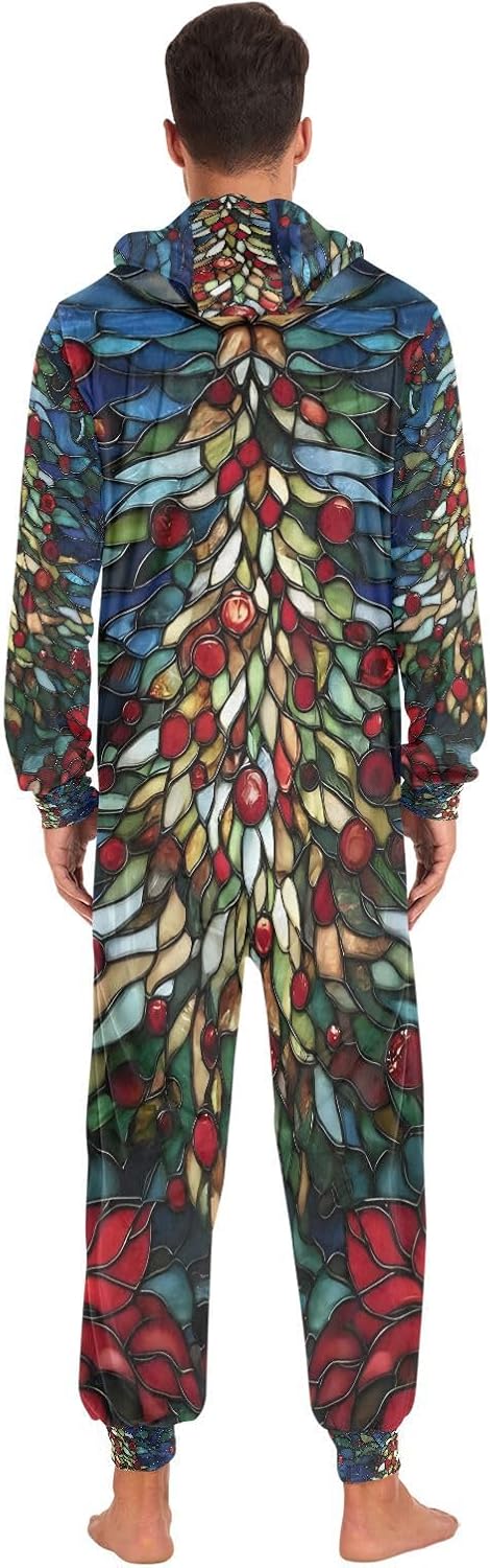 ALAZA Stained Glass Christmas Tree Poinsettia Adult Onesie Pajamas for Unisex Novelty One Piece Costume Sleepwear