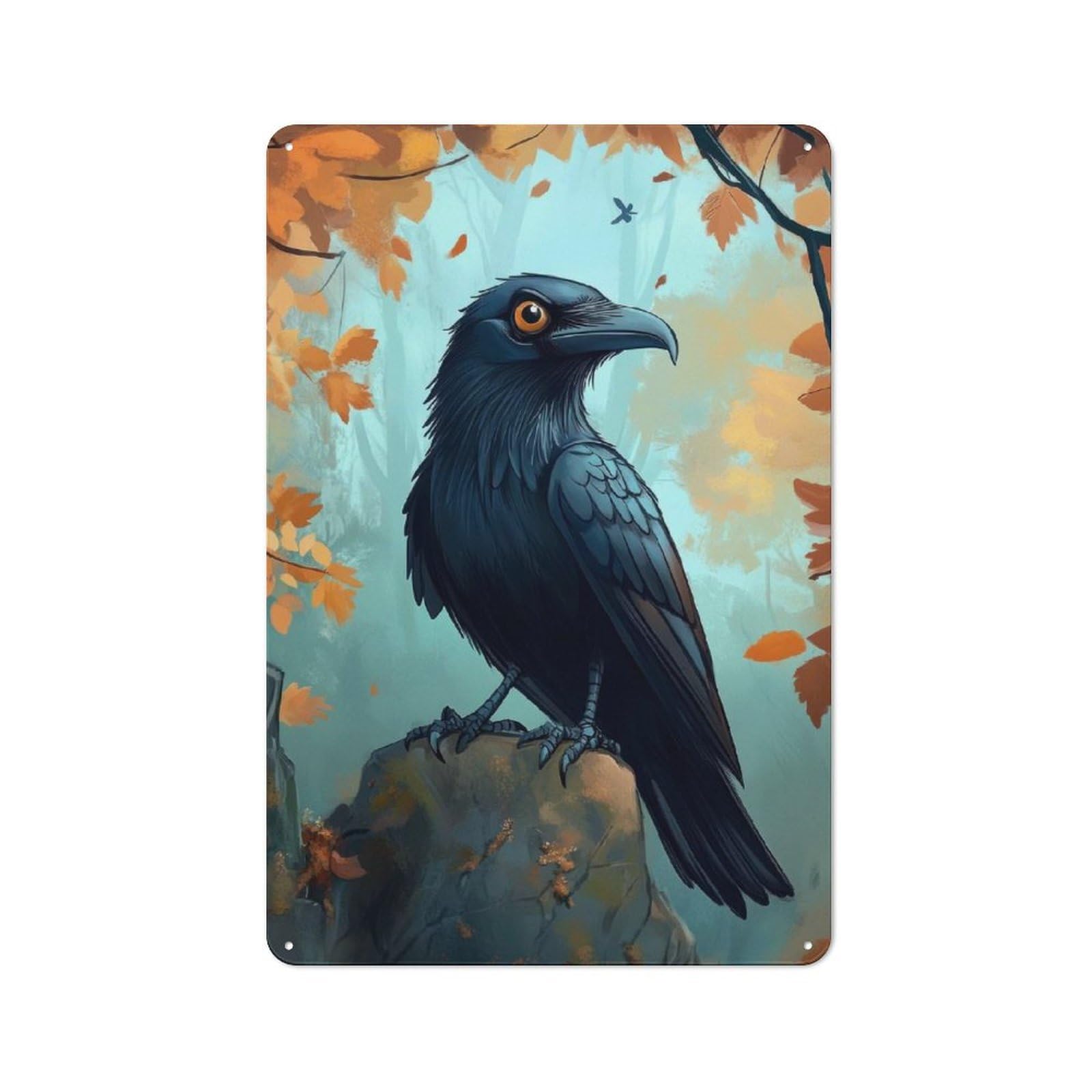 Junmoney Raven In Autumn Forest Printed Metal Sign 30X20cm For Hobby Room Or Studio, For Creative Interior Collectors