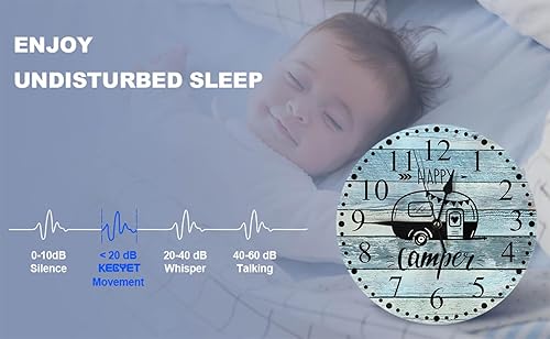 Miniatura 6 de Reloj de pared Happy Camper de 10 pulgadas, funciona con pilas, silencioso, sin tictac, moderno, decorativo, para el hogar, cocina, sala de estar,