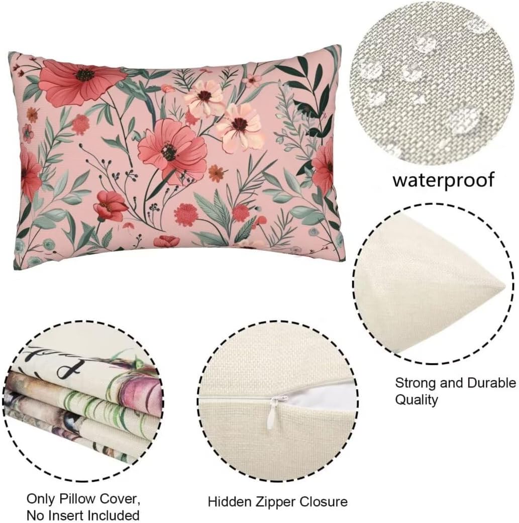 Outdoor Pillows Poppy Pillow Covers 20 x 28 Inch Set of 2 Throw Pillow Covers, Pink Throw Pillows, Rectangular Lumbar Pillows Cushion Covers Decorative Pillows for Couch Garden Patio Furniture J300