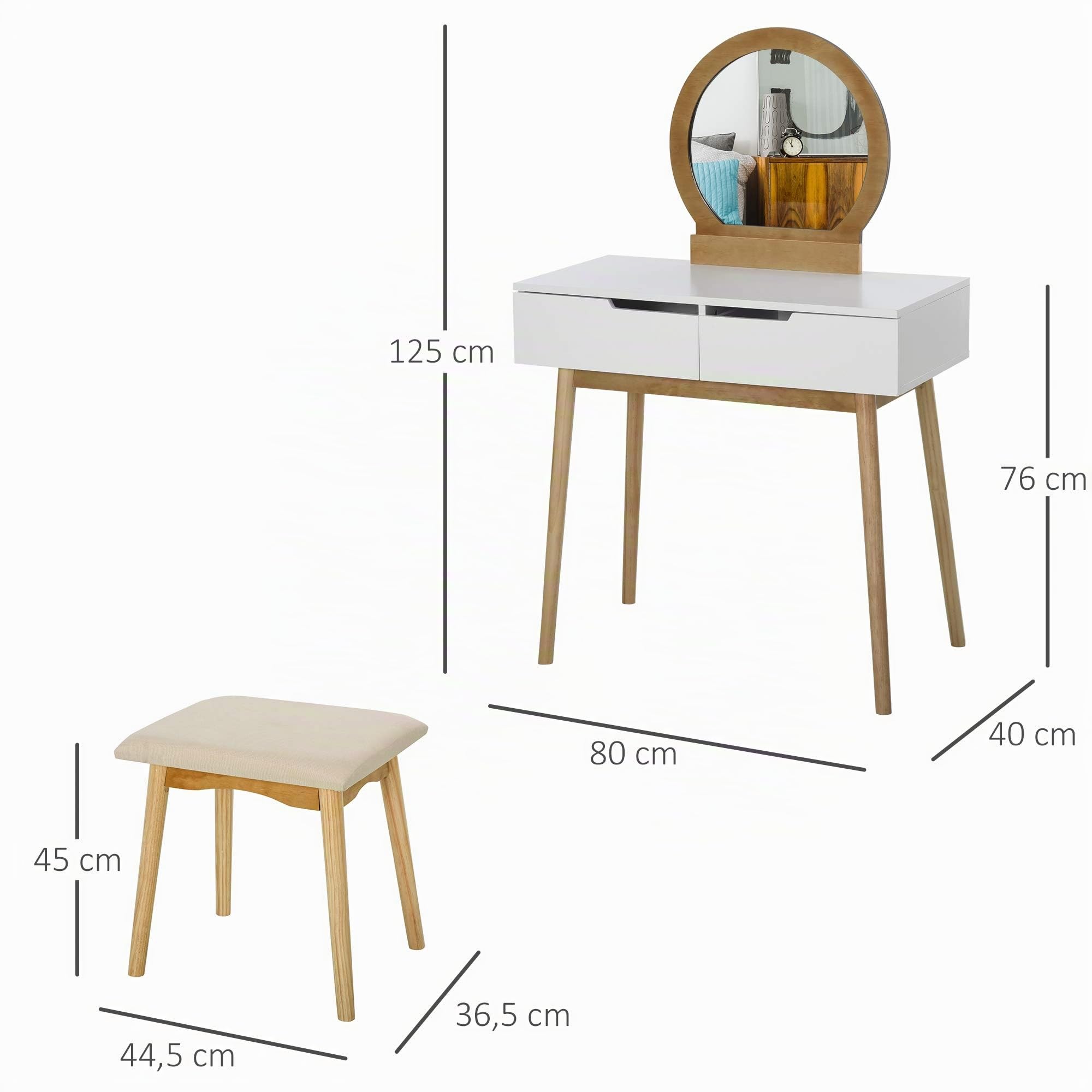HOMCOM Tavolo da trucco con specchio, 2 cassetti e sgabello bianco pino chiaro