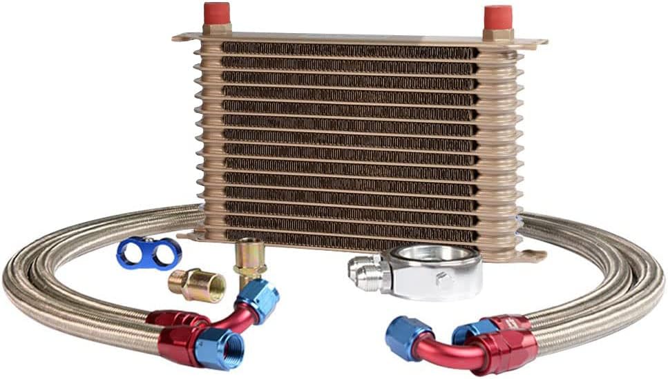 PIT66 Universal AN10 Engine Transmission Oil Cooler Compatible with Japanese Model Blue 10 Row Aluminum with Filter Relocation Kit B Set