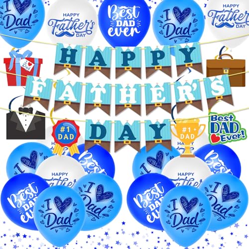 Fathers Day Decorations Set Happy Fathers Day Banner Bunting 15 Latex Balloons & 6 Hanging Decorations Swirls Fathers Day Party Supplies and Photo Backdrop for Dad