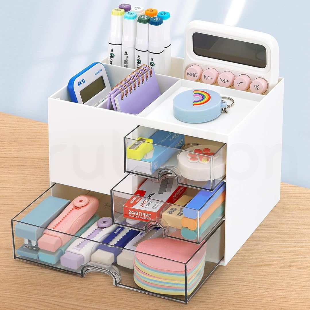 TRUBILLION DeskMate Desk Organizer with Drawers for Office and Study Table Makeup Brush, Plastic Stationery Holder Multi Purpose Storage, 3 Compartments 3 Transparent Drawers Durable Made in India