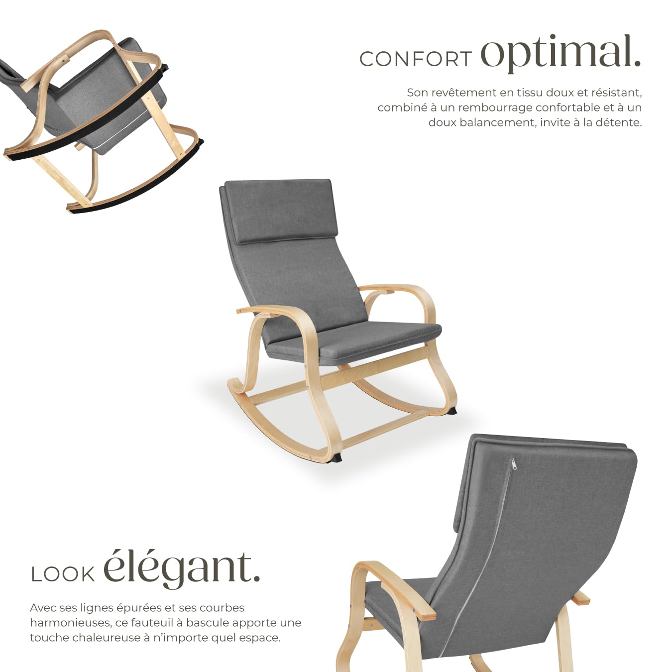 tectake® Rocking Chair Fauteuil à Bascule avec Accoudoirs Fauteuil scandinave Motif matelassé, Cadre en Acier & Patins en Bois Fauteuil Salon Veranda Chaise Ergonomique idéal Détente Allaitement