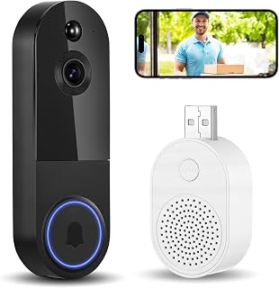 Kabellose Wi-Fi-Video-Türklingel, wiederaufladbare mit Kamera und Empfänger, 2K HD Nachtsicht, 170° Weitwinkel, KI-Erkennung, Zwei-Wege-Audio, IP65 Wasserdicht, Kompatibel mit (Schwarz)