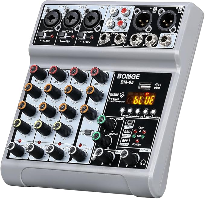 BOMGE Audio Mixer, Sound Board Mixing Console with 5 Channel Digital USB Bluetooth Echo Delay Effect, 48V Phantom Power Stereo DJ Mixers for Recording, Live Streaming, Podcasting (BM-05 5 canales)