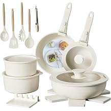 Pots and Pans Set, 21 Piece, Non Stick, Stackable RV Kitchen Cooking Set, Cookware Set with Detachable Handle, Dishwasher Safe, Oven Safe, Cream White