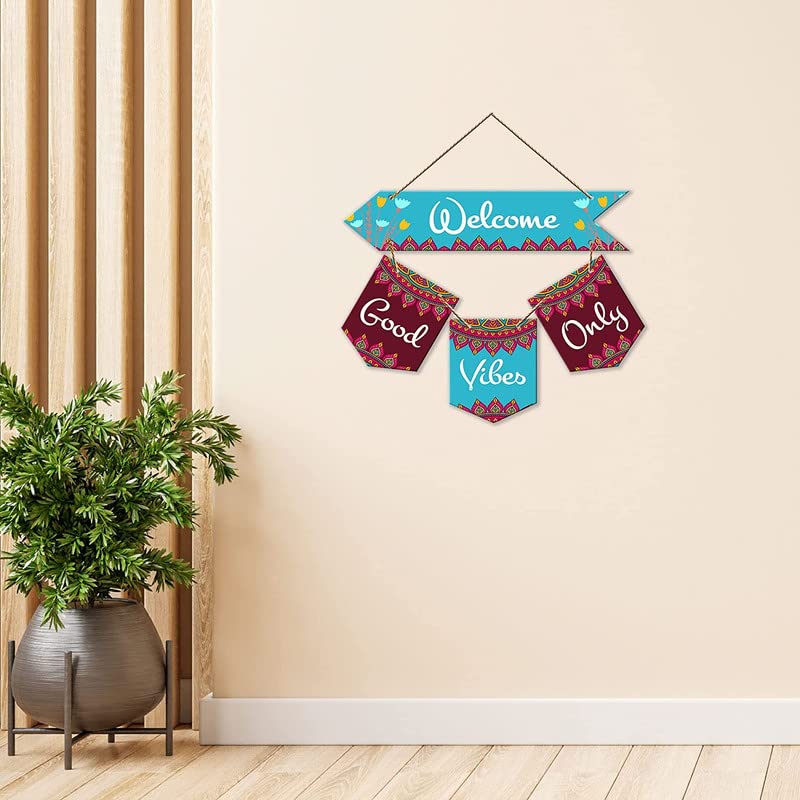 Image of Welcome Good Vibes Quote Decorative Wall Art MDF Wooden Wall Hanger for Living Room | Bedroom | Gifts | Wooden Home Decor Items | Welcome Sign Decoration Quotes Items