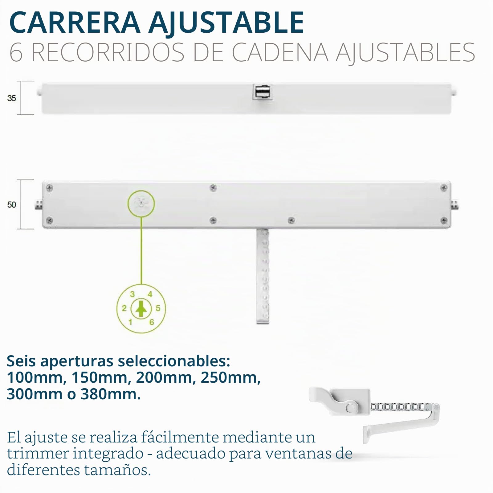 Motor de ventana eléctrico de cadena | STAR 25 230V comunello Mowin | Motor de ventana con transmisión por cadena | carrera ajustable | 250N de fuerza de empuje/tracción | Ventanas abatibles