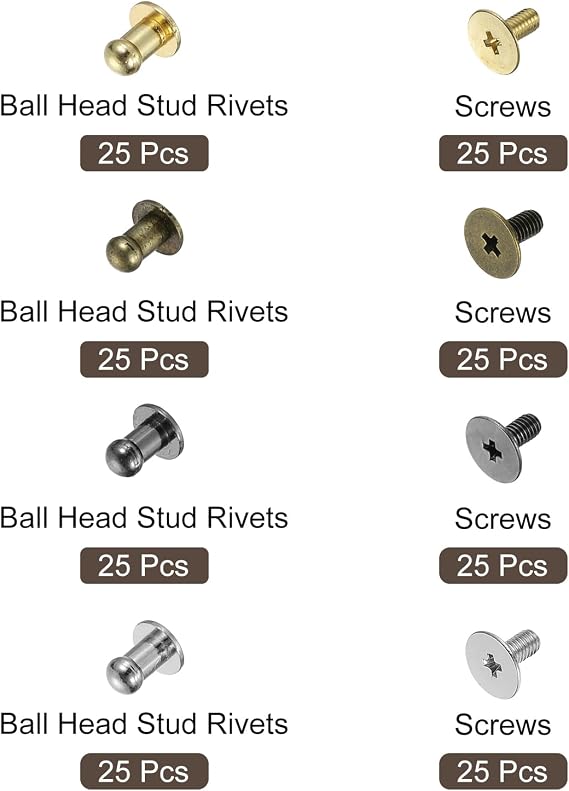 uxcell 4mm Ball Head Stud Rivets Screw Back, 100Pack Round Head Button Nipple Rivet for DIY Leather Craft Handbag Belt, 4 Colors