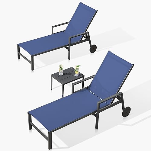 Miniatura 9 de PURPLE LEAF Sillón reclinable de aluminio para exteriores, 2 piezas, con ruedas y reposabrazos, para piscina, patio, playa, azul marino