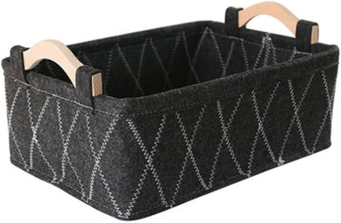 Felt Storage Basket with Wooden Handle Velvet Desktop Organizer for Cosmetics Books and Office Supplies Home and Bedroom Storage Container Gray-black Stripes