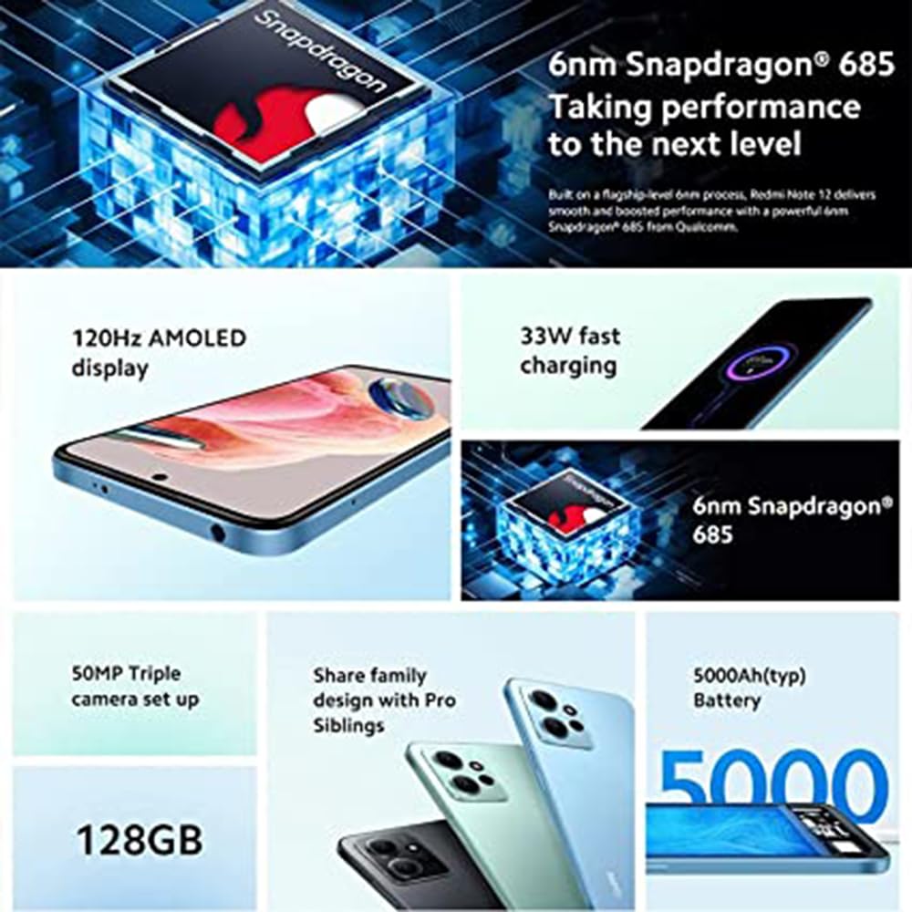 Xiaomi Redmi Note 12, 4G Smartphone 8+128GB, Display AMOLED da 6,67" 120Hz, Snapdragon 685 6nm Procesador, 50MP Tripla Cámara, 5000mAh 33W di ricarica, Doppia SIM, Nero