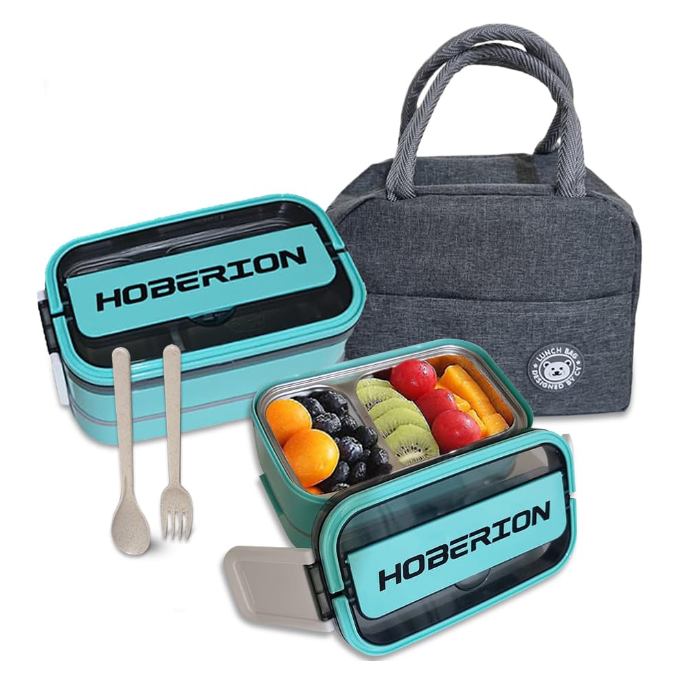 Lunch Box for Adults, Multifunctional Food Containers with 2 Compartments, Microwave Friendly Lunch Box 2 Layers with Grey Nylon Insulation Bag