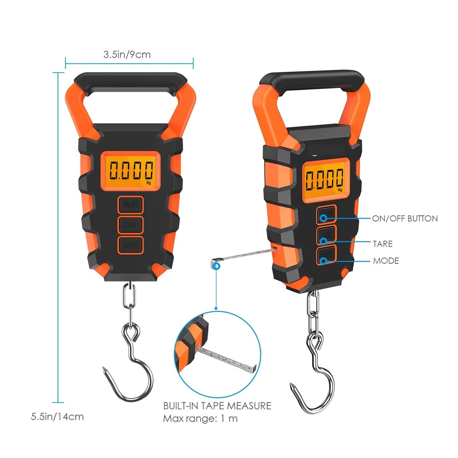 Bilancia sospesa digitale portatile, bilancia da pesca con righello | For la cucina for la pesatura dei bagagli da viaggio(50kg Orange)