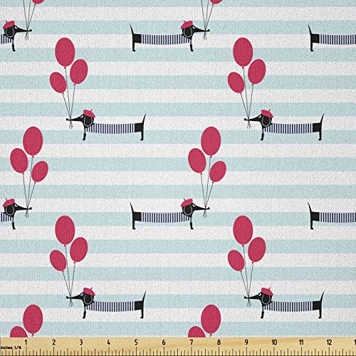 Image of Ambesonne Dachshund Fabric by The Yard, Beret and Shirt Wearing Dog Holding Balloons on Stripes Background, Microfiber Fabric for Arts and Crafts Textiles & Decor, 1 Yard, Vermilion Pale Blue