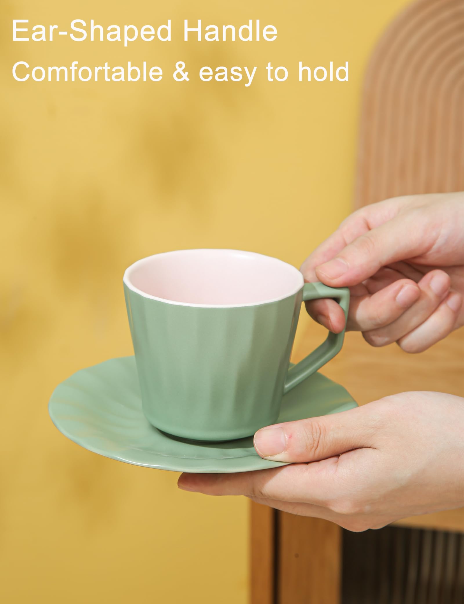 Tea Cups And Saucers, 7.5 OZ Large Espresso Cups Set Of 4, Porcelain Coffee