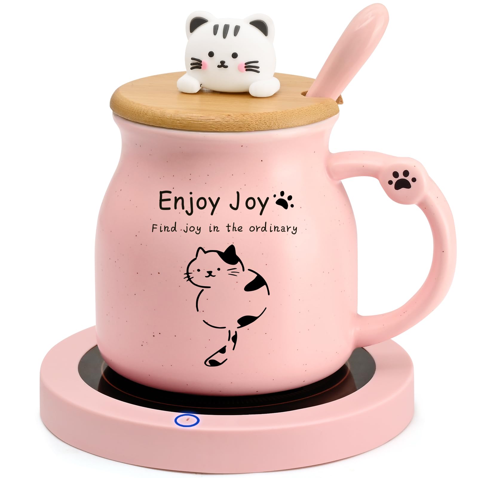 Waipfaru Pink Cute Cat Mug Set, Coffee Mug Warmer for Desk 12oz Ceramic Heated Coffee Warmer for Mom Home Office, Birthday Gifts