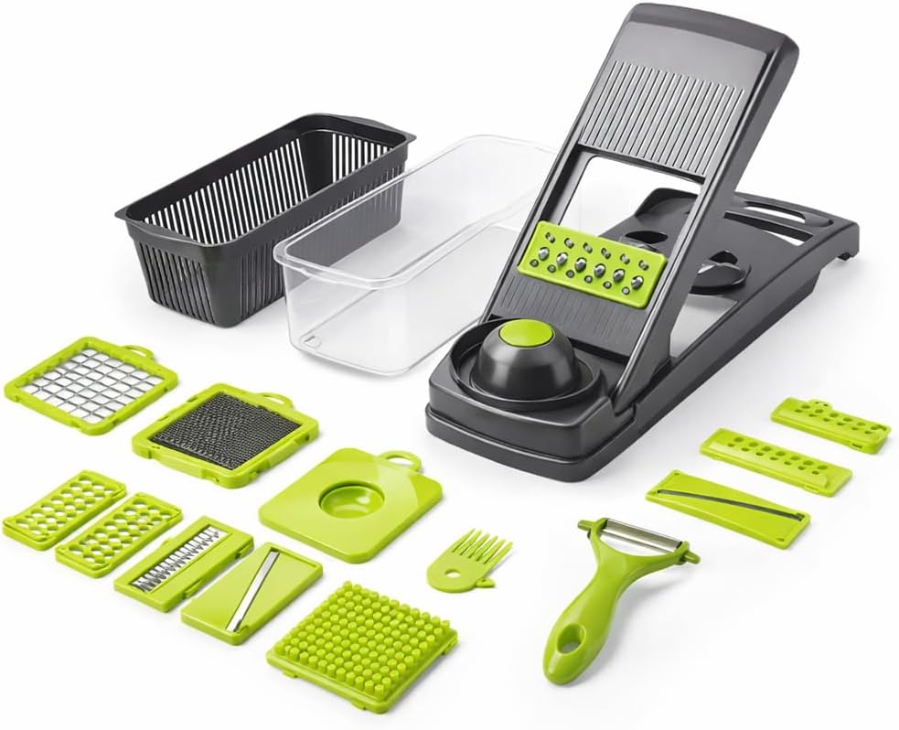 16-in-1 Vegetable Chopper & Mandoline Slicer – Multi-Function Food Cutter with Container, Stainless Steel Blades, Onion Dicer, Veggie Cutter, Grater Kitchen Tool
