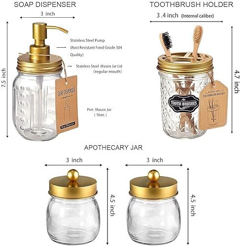 Miniatura 5 de Amolliar Juego de accesorios de baño de 4 piezas y 2 tarros de masón dorados, 3 dispensadores de jabón de loción y 2 soportes para hisopos de