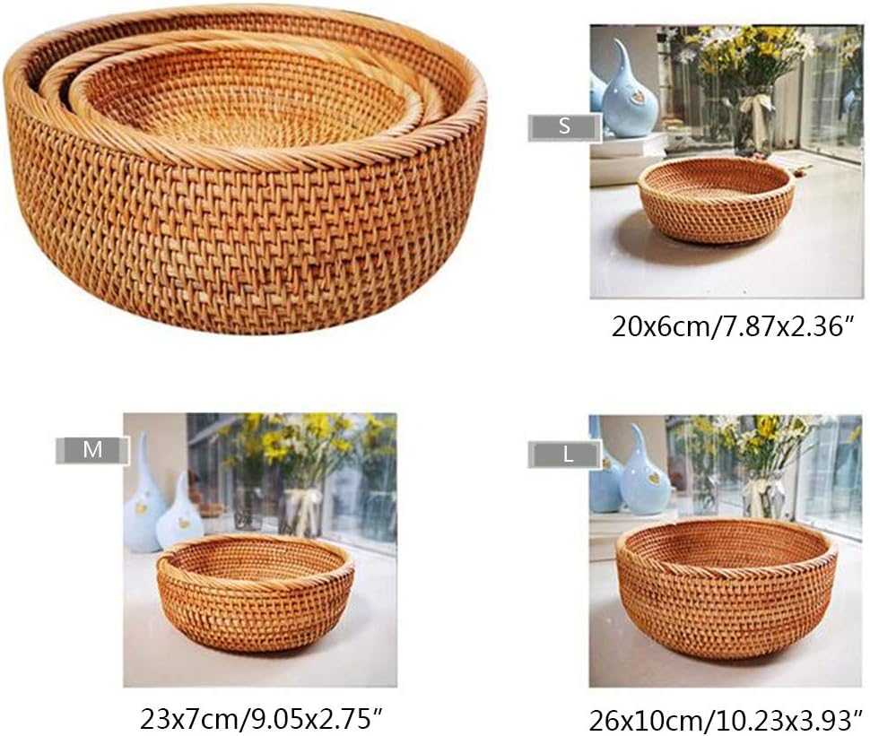 ラタンバスケット ラウンドデザイン トレイ兼ストレージホルダー ダイニングルームやキッチンで使用可能 天然籐素材 手作り編み込み パ
