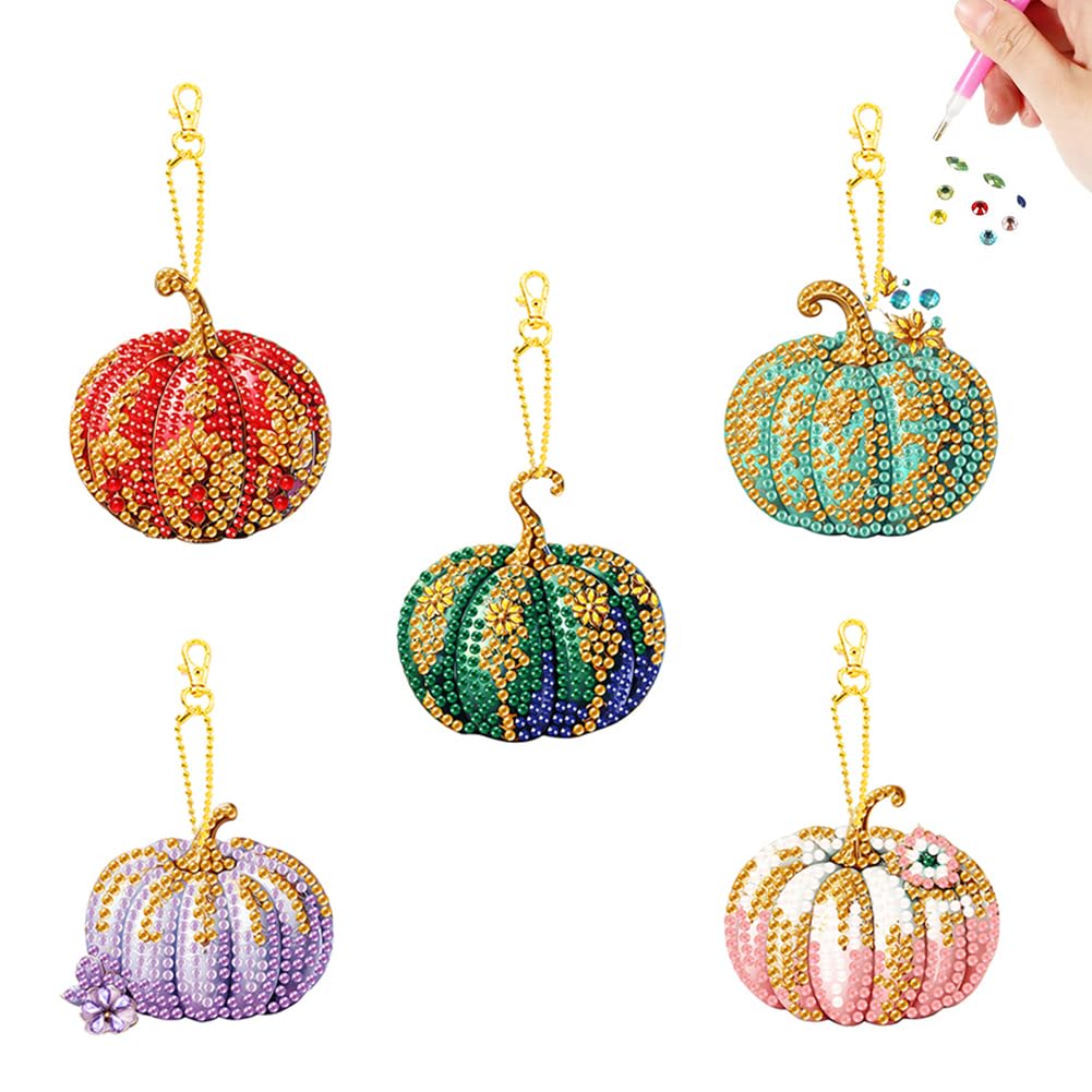 Fiorky X 5Pcs Double Sided Autumn Halloween Pumpkin Diamond Art Keyring Rhinestone Painting Keychain Pendant For Home Birthday Forty Decoration For Kids Adults Beginners
