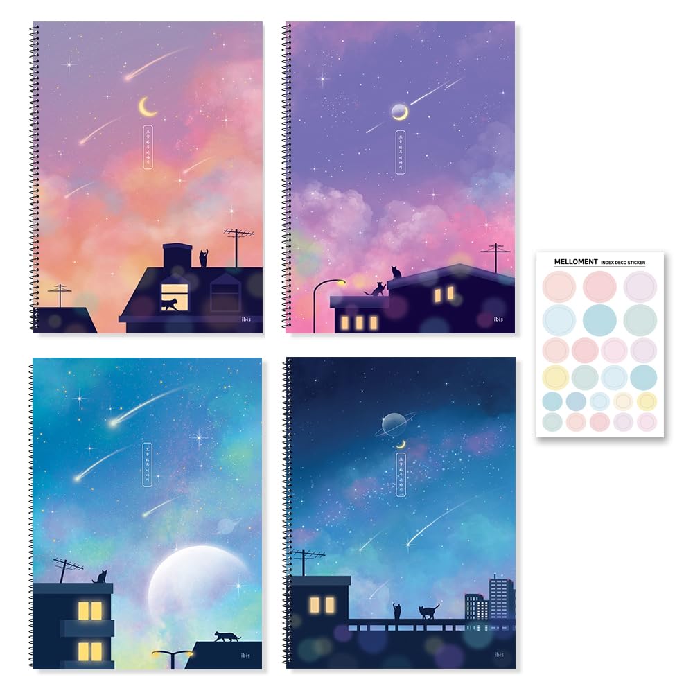 Aesthetic Scenery Korean Notebooks with a Label Sticker, Pack of 4, Cute Spiral Notebook set, Kawaii Designs for Journal, Composition, Ideal Gift for College students, Girls, Women (Lined Notebook)