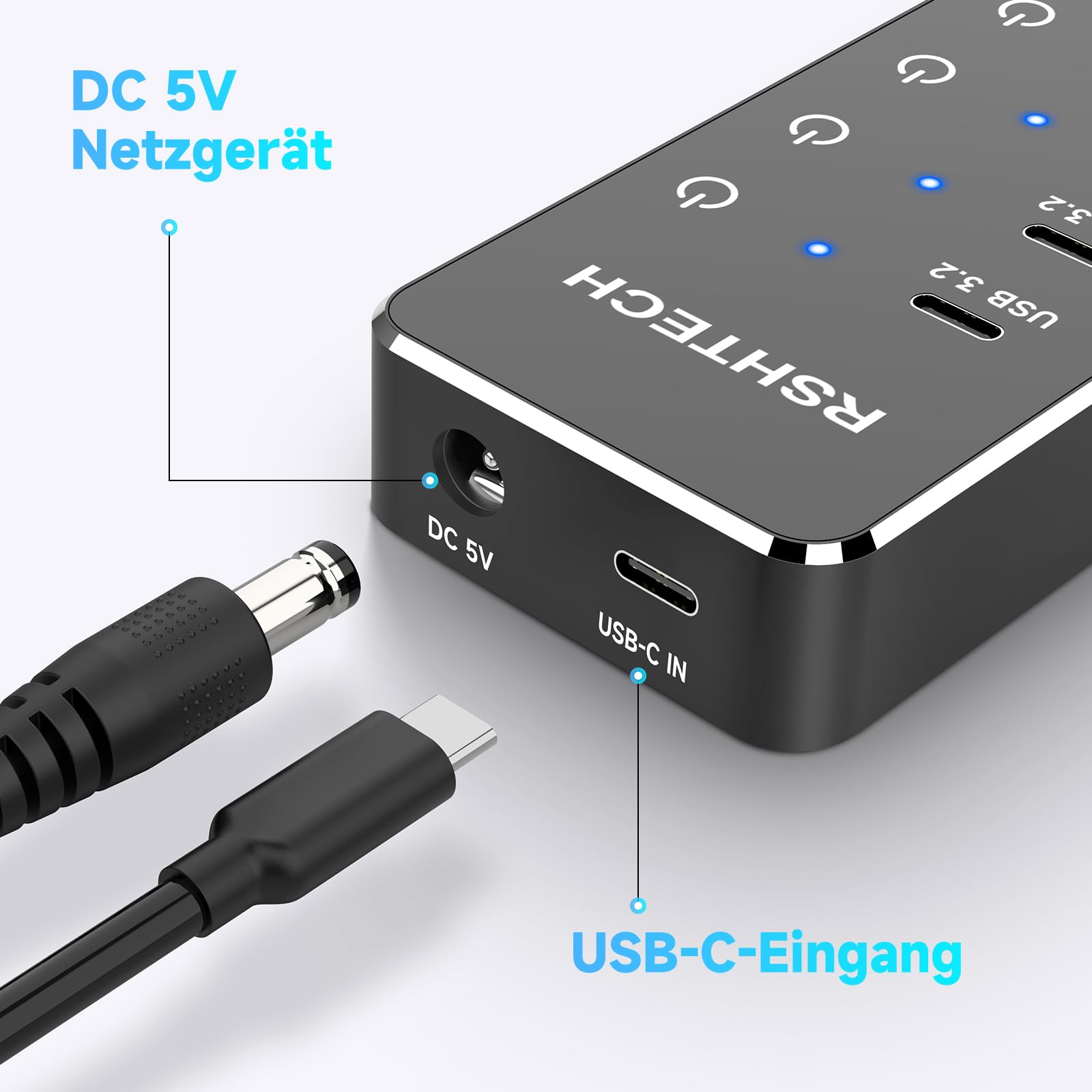 RSHTECH 7 Port Hub USB Alimenté, Alimentation DC 5V USB C Hub, RSH-ST07C-4 | avec 3*10Gbps Data Ports (USB-A, 2*USB-C), 4*5Gbps USB3.0 Ports (2*USB-A, 2*USB-C), Hub 3.2 USB avec CâbleUSB(100CM)