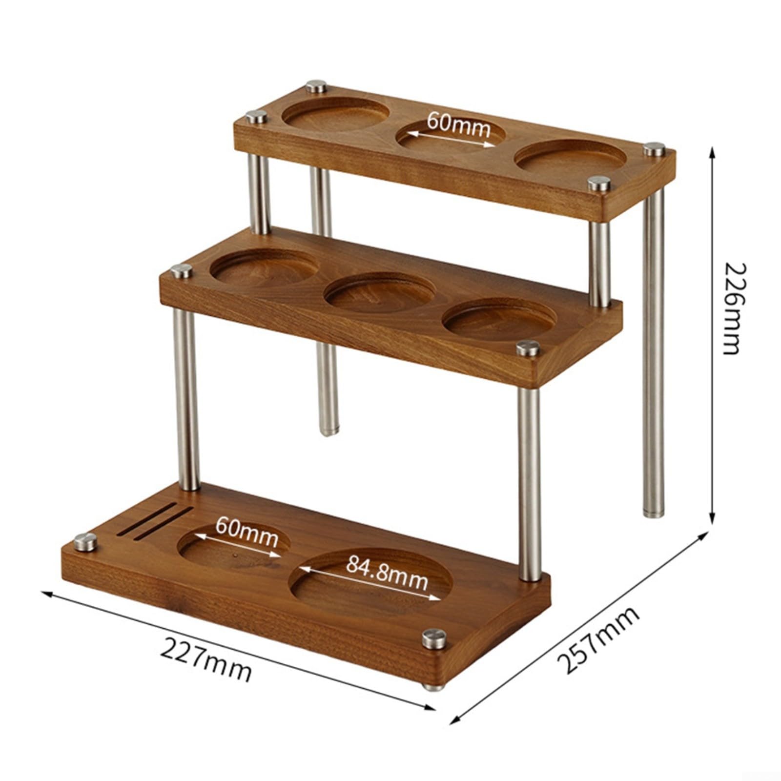 Estación de manipulación de café espresso, estante de almacenamiento de madera y acero inoxidable de 3 niveles para herramientas de barista, tazas dosificadoras y distribuidores (nogal)